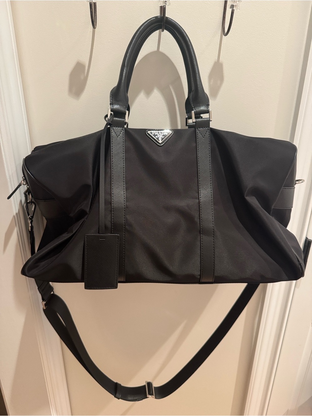 Prada style Black Nylon Duffel Bag with Leather Trim
